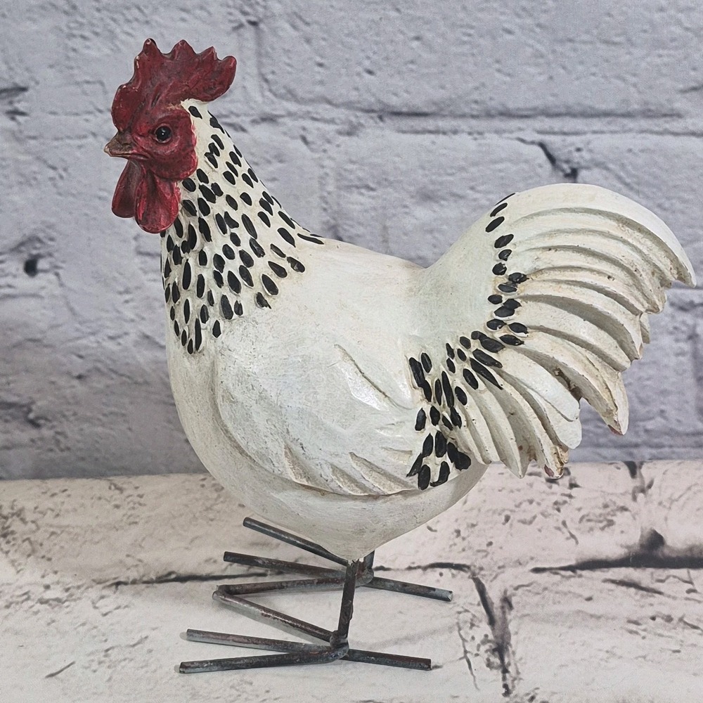 White Rooster With Black Dots Metal Feet 7.25" Tall Country Farmhouse Barnyard